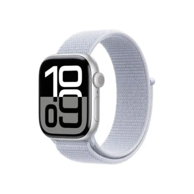 Image de Apple Watch Series 10 (GPS + Cellular 42 mm) Smartwatch mit Aluminiumgehäuse in Silber und Sport Loop Blaue Wolke (One Size). Fitnesstracker, EKG App, Always on Retina Display, CO₂ Neutral