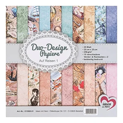 Image de Ideen mit Herz Papier double design Bloc de 20 feuilles bricolage 25 x cm 250 g/m² Impression des deux côtés Idéal pour le scrapbooking (voyage 01)