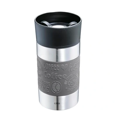 Image de Cilio Viaggio Gobelet isotherme, en acier inoxydable, à emporter, couvercle plastique, fermeture 360, système double paroi, incassable et anti fuite, 300 ml, hauteur : 15,5 cm, gris