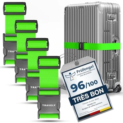 Image de Travely® Lot de 4 sangles valise qualité supérieure Particulièrement visibles et sûres Avec 2 étiquettes nominatives Sangle idéale sur la croix Vert