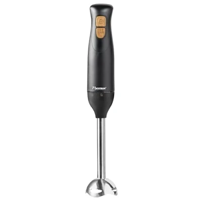 Image de Bestron Mixeur plongeant, Mixer plongeur avec 2 niveaux de vitesse et une poignée ergonomique, incluant fonction turbo à plus 14.000 tr/min, tige amovible, couleur: noir/bois