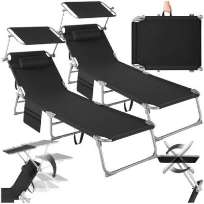 Image de tectake® Set de 2 Chaise longue Pliante Bain Soleil jardin exterieur avec Pare Soleil, Appuie tête, Pochette inclinable Transat plage Relax Camping Salon