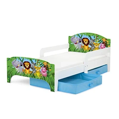 Image de Leomark Moderne Smart Lit d&#039;Enfant Toddler 140x70 Motif: Animaux Dans La Jungle Confortable Fonctionnel Simple Avec Un Tiroir Pour Enfant Rangement et Matelas (140x70 cm) Grand En Textile 2 Pièces