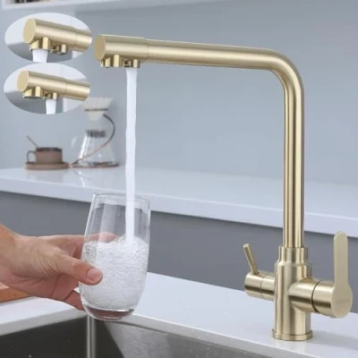 Image de SkyPanda Robinet de cuisine 3 voies Or Avec double levier Pénétration en 1 Mitigeur rotatif à 360 2 sorties Acier inoxydable 304 brossé