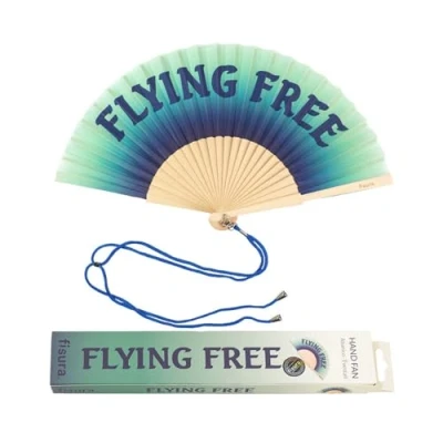 Image de Éventail original avec message &quot;Flying free&quot;. en bois moderne et amusant. un camaïeu de bleu. Mesures : 42,5
