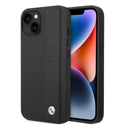 Image de CG MOBILE BMW Coque de téléphone pour iPhone 14 Plus Signature Collection dans un étui texturé noir, protection et durable en cuir véritable avec encliquetage, absorption des chocs logo