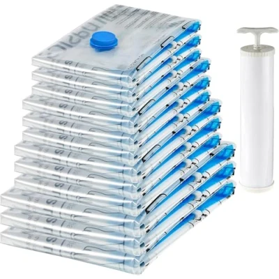 Image de Amazon Basics de rangement sous vide avec pompe manuelle, Lot 12, (3 jumbo, 3L, 3M, 3S), Fermeture éclair, Multiple, Blanc,bleu
