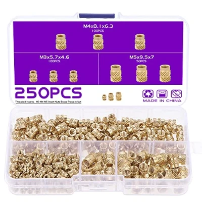 Image de Gueenky 250 Pièces Écrous Moletés en Laiton, M3 M4 M5 Insert Fileté Filetage Femelle, 3 Tailles Douilles Filetées Moleté Laiton Injection Moulage pour Impression 3D