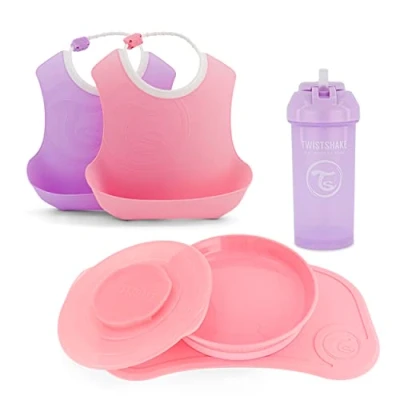Image de Twistshake Ensemble de Vaisselle pour Bébé 5 Pièces 1x Set Table en Silicone Assiette Enfant 2x Bavoir 1xTasse à Paille 6+ Mois Rose