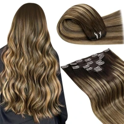 Image de LaaVoo Extension Clip Marron Chocolat Ombre Brun Foncé et Caramel Balayage Vrai Cheveux Humain 22 pouces 55cm Extensions Clips Double Weft Platine 7Pcs/120G #4/27/4