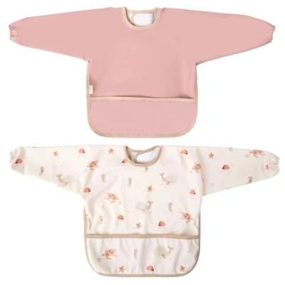 Image de MIMUSELINA Pack de 2 Bavoirs Bebe Imperméables avec Manches Bavoir Longues et Fermeture Velcro Réglable, Poignets Élastiques Poche Frontale Fabriqué en Espagne Coral