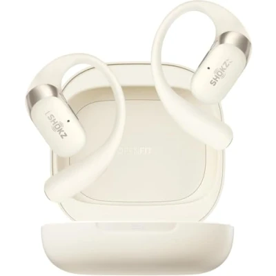 Image de SHOKZ OpenFit 2 Casque à Oreilles Libres, écouteurs Bluetooth sans Fil avec Micro, Crochet d&#039;oreille et 48 Heures de Lecture, Charge Rapide, résistance IP55, Sac Transport, Beige