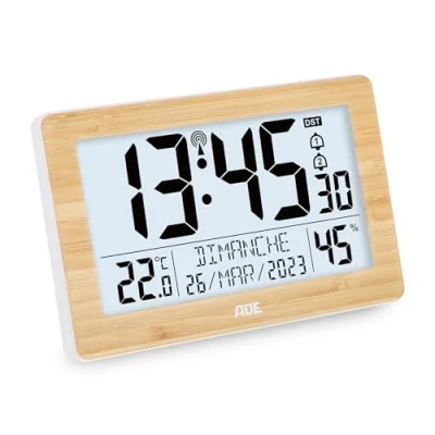 Image de ADE Horloge radiopilotée numérique XL avec très Grands Chiffres de Table 2 Heures réveil et éclairage Thermomètre e Hygromètre Cadre étroit Blanc