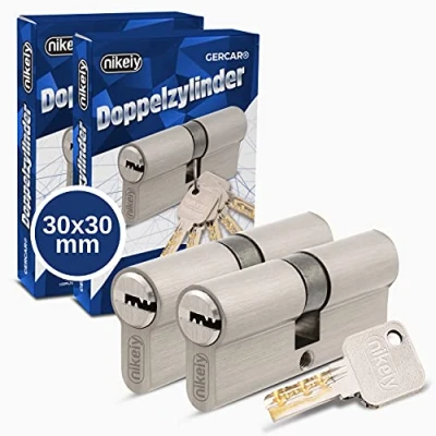 Image de GERCAR Lot de 2 cylindres profilés Pro 30/30 Massifs Serrure à cylindre double En laiton mat Avec 10 clés Clé réversible Longueur : 60 mm, A 30 B x