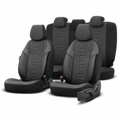 Image de otoM Housse de sièges Universel en Toile/Cuir/Textile &#039;Throne&#039; Noir/Gris 11 pièces adapté aux Side Airbags