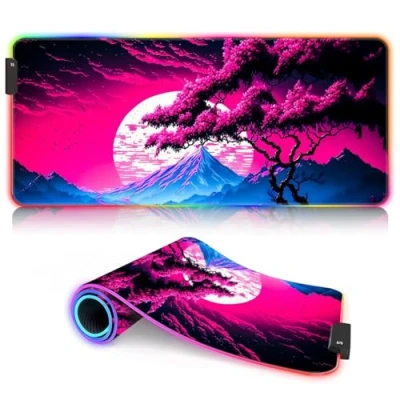 Image de RGB Gaming Mouse Mat Large 14 Glowing Modes LED Mousepad XL Anti Slip Rubber Base Computer Keyboard Mice for Desk PC Laptop Soft Pad Cherry Blossom Japan 11.8x31.49inch