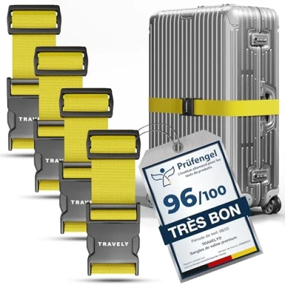 Image de Travely® Lot de 4 sangles valise qualité supérieure, particulièrement attrayante et sûre, avec 2 étiquettes à bagage, sangle bagage idéale en croix, jaune