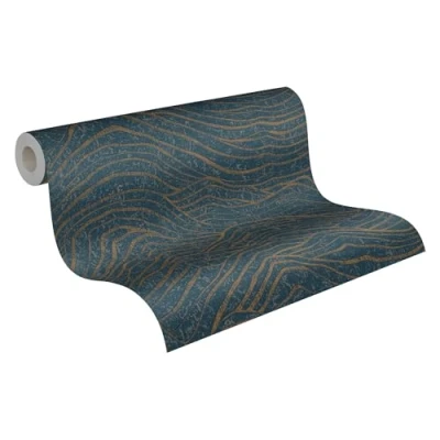 Image de A.S. Création papier peint design aspect 3D, bleu foncé doré, 395074, non tissé, de qualité supérieure, avec effet métallique, 10,05 x 0,53 m, fabriqué en Allemagne