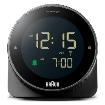 Image de Braun Réveil numérique radiocommandé pour Fuseau horaire d&#039;europe Centrale (DCF), écran LCD inversé, Lunette rotative Un réglage Rapide de l&#039;heure Alarme sonore, en Blanc, modèle BC24B DCF