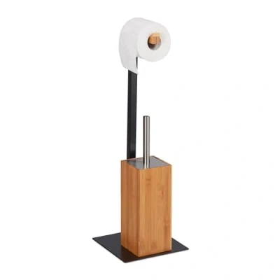 Image de Relaxdays Brosse dérouleur Papier, Ensemble WC, Bambou &amp; métal, Accessoire Toilette, 60x20x20 cm, Nature/Noir, Fer, INOX, 1 élément