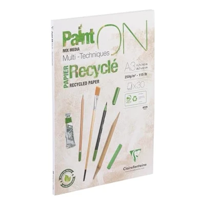 Image de Clairefontaine 975742C Bloc Collé PaintON Multi techniques 30 Feuilles Papier Dessin 100% Recyclé à la Surface Satinée Blanc A3 29,7x42 cm 250g