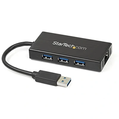 Image de StarTech.com Hub USB 3.0 portable à 3 ports avec câble intégré 5Gbps Concentrateur plus Gigabit Ethernet Aluminium (ST3300GU3B)