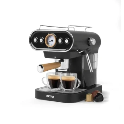 Image de Petra PT5108VDEEU7 Machine à Expresso 3 en 1, Sans BPA 1.2L Cafetière Espresso avec Buse Vapeur, Compatible les Capsules 30/54mm &amp; Café Moulu, Pression Italienne 19 Bars, 1050W, Noir/Acier