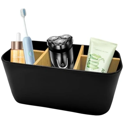Image de Xpieoyrm Porte Brosse à Dents, Dents en Bambou, Electrique Multifonctions Bambou Pot a Dent avec 5 Compartiments, Rangement Stand