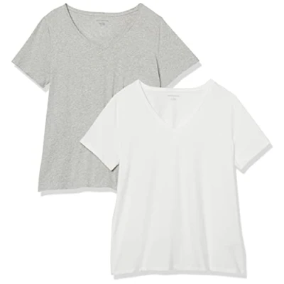 Image de Amazon Essentials T shirt À Manches Courtes et Col En V, Grande taille Femme, Lot de 2, Blanc/Gris Clair Chiné, 4XL