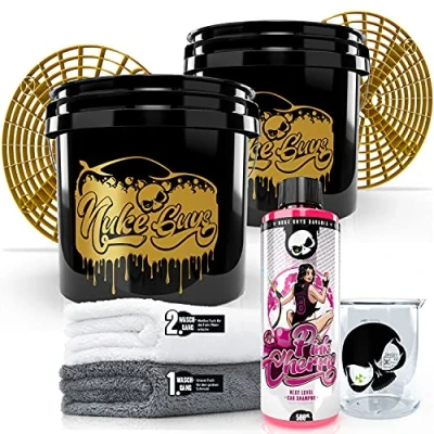 Image de Set d&#039;entretien Nuke Guys 2 seaux : Shampoing pour voiture Pink Cherry, 500ml + 2x de lavage Used Look Edition 3.5 GAL insert anti saleté GritGuard chiffon microfibre verre doseur