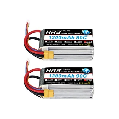 Image de HRB Lot de 2 batteries Lipo rechange 6S 22,2 V 1300 mAh 90C XT60 pour hélicoptères classe 450, avions, voitures, camions, buggy, drones et multicoptères