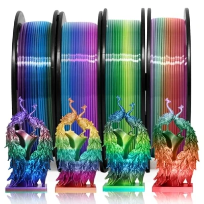 Image de YOUSU Lot de 4 bobines filament PLA en 1 pour imprimante 3D à changement rapide couleur, types soie arc ciel 1,75 mm, 250 g/bobine,