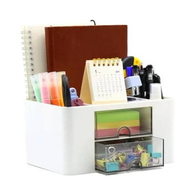 Image de YUNSHANGHE Organisateur de bureau à 5 compartiments Porte stylos avec tiroir Organiseur table multifonction en plastique pour bureau, maison, école Blanc