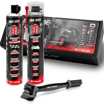 Image de ERRECOM 1000 Miglia Clean&amp;Lube Kit Chaîne Moto Racing ; Comprend Dégraissant Haute Pression 750mL+Lubrifiant Performance 750mL+Huggie System et Rallonge à 90+Brosse+Gants