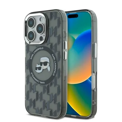 Image de Étui Karl Lagerfeld pour iPhone 16 Pro 6.3 noir étui rigide IML Monogram Karl&amp;Choupette Head MagSafe Neuf