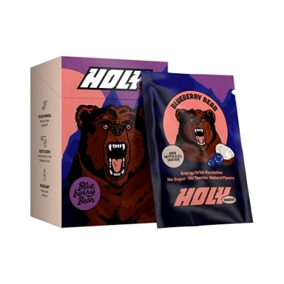 Image de HOLY Energy Gaming Booster Boîte d&#039;essai de 10 pièces “Blueberry Bear avec goût myrtille portions NewCaff &amp; extrait thé vert Focus Drink Vegan arômes fruits naturels