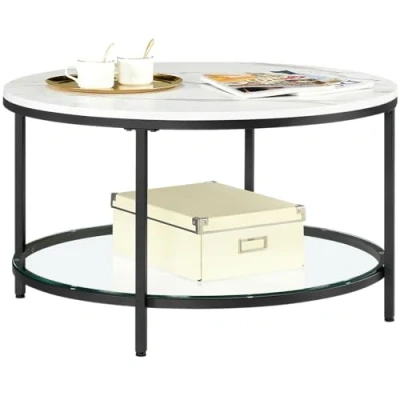 Image de VASAGLE Table Basse, de Salon, Canapé Apéro, Façon Marbre, Support en Verre Trempé, Facile à Assembler, pour Style Moderne, Blanc Marbré et Noir d&#039;encre LCT071B13