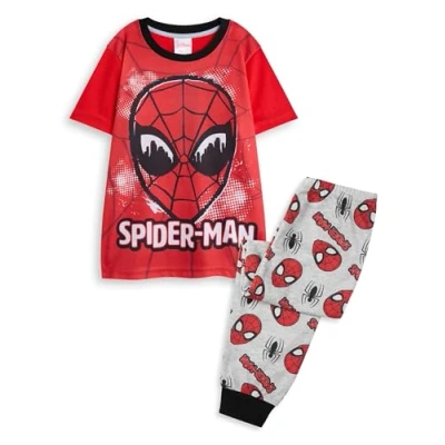 Image de Marvel Ensemble Pyjama 2 pièces Spiderman pour garçons Bas de Jambe Longs et Haut Nuit imprimés Rouges Gris Enfants à Manches Courtes avec Masque Spideman