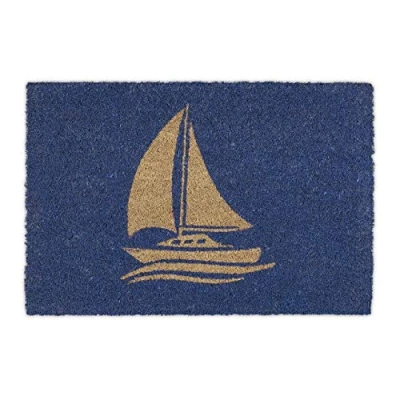 Image de relaxdays Paillasson Coco, Motif voilier, Tapis d’entrée extérieur &amp; intérieur, Maritime, L x P 60 40 cm, Bleu/Nature