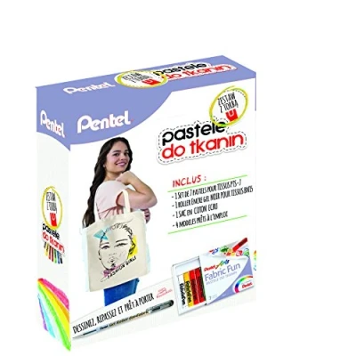 Image de Pentel Arts Kit créatif Fabricfun &amp; gel roller for Fabric composé d’une boîte de 7 pastels pour tissus PTS 7, d’1 encre noir BN15 + 1 tote bag 4 modèles offerts
