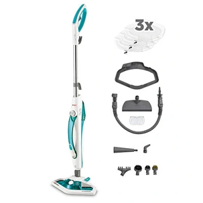 Image de Polti Vaporetto SV450 Double, Nettoyeur Vapeur 2 en 1, Balai ou à Main, 13 Accessoires Inclus dont 3 Serpillères, Réservoir Amovible, Chauffe rapide 15 secondes, Bleu Clair et Blanc