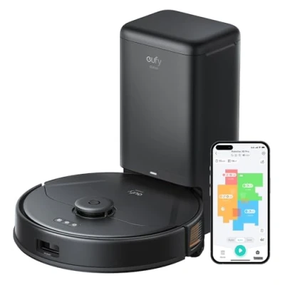 Image de eufy Clean X8 Pro Station de Vidage Auto pour Aspirateur Robot, Puissance Twin Turbine™ 2 x 4 000 Pa, Brosse à Rouleau Démêlante Active et Navigation Laser iPath™ Poils d&#039;animaux sur Les Tapis