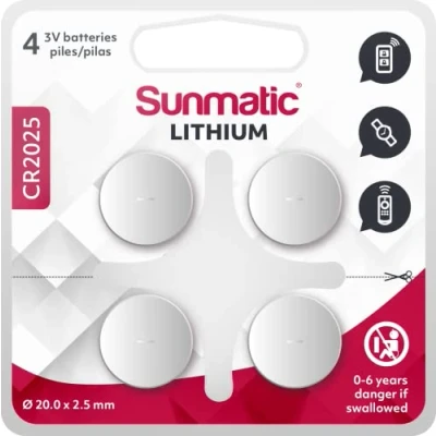 Image de Piles CR2025 Lot de 4 Sunmatic Batteries CR 2025 Lithium 3v Longue durée et Haute Performance pour dispositifs médicaux Portables, balances Porte clés