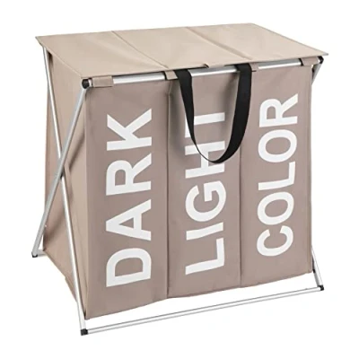 Image de WENKO panier à linge 3 compartiments Trio Top, sale avec compartiment, Inscription design, capacité 118L, Polyester Alu, 57x57x38 cm, taupe