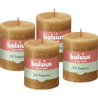 Image de Bolsius Lot de 4 bougies pilier rustiques Jaune Longue durée combustion 35 heures Bougie d&#039;intérieur Non parfumée Cire végétalienne naturelle Sans huile palme 8 x 7 cm