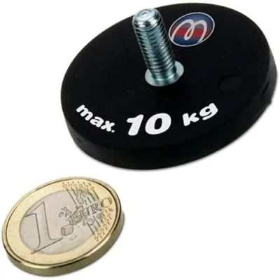 Image de 2 x Aimant Néodyme caoutchouté avec goupille filetée Ø 43 mm Filetage M6 Force d&#039;adhérence 10 kg pièces Base magnétique revêtement caoutchouc et tige