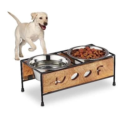 Image de Relaxdays Gamelles pour Chiens, Support, 2 récipients en Acier Inoxydable, 750 ML, Bois de manguier &amp; Fer, Marron Noir