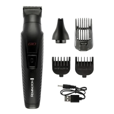 Image de Remington tondeuse multifonction 10en1 (Kit de rasage pour visage, barbe, sourcils, oreilles &amp; nez avec 2 têtes + 3 sabots, corps, lames auto affûtées en graphite, charge USB) G10 PG2100