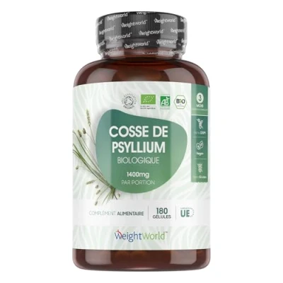 Image de Psyllium Blond Bio 180 Gélules (3 Mois) Téguments purs à 99%, Transit &amp; Digestion Source de Fibres prébiotiques 1400mg Husk Alternative au en poudre Fabriqué UE
