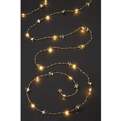 Image de hellum 521597 Guirlande lumineuse LED en cuivre avec perles de corde, étoiles dorées, 20 blanc chaud, longueur la lumière : 190 cm, couleur du câble argenté et doré, pour l&#039;intérieur, à piles